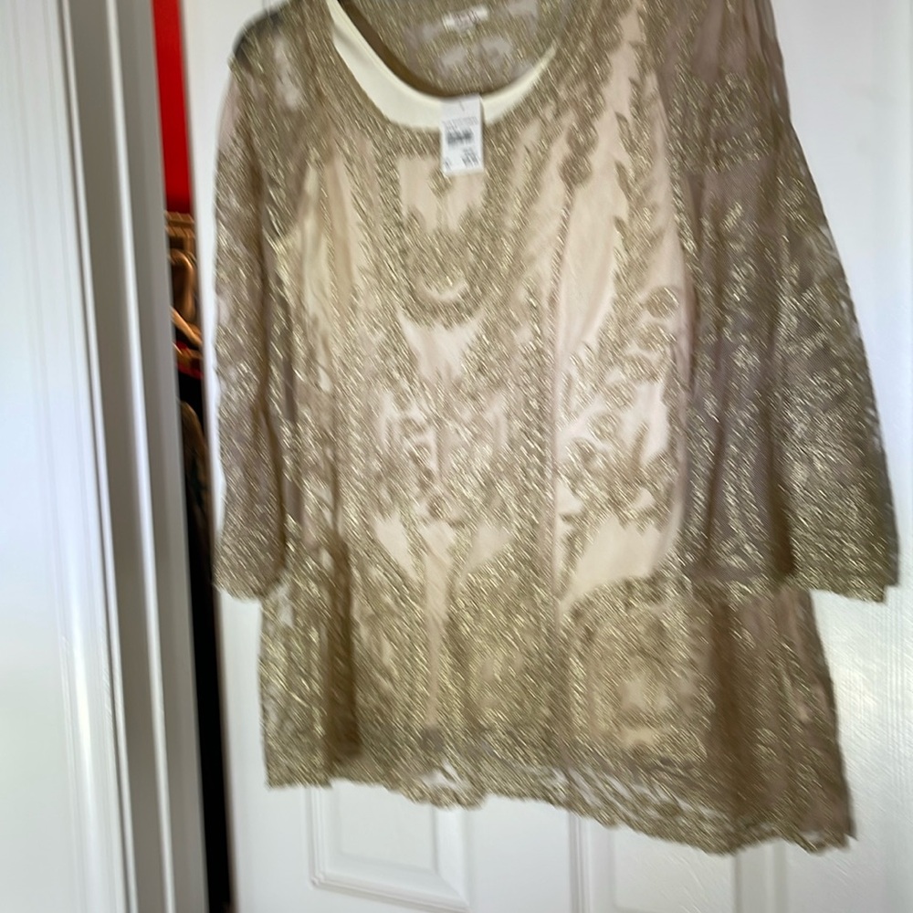 Sleeveless shell with long sleeve gold inlay sheer top.